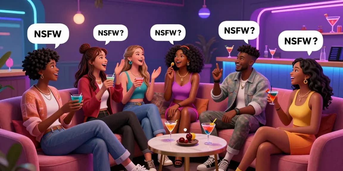 Interactive virtual lounge depicting lively NSFW AI chat characters engaging in flirty conversation.