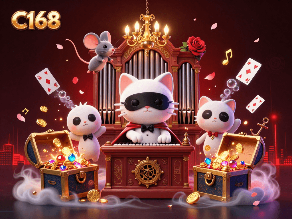 C168 players winning big at a lively casino with vivid characters and exciting treasures.