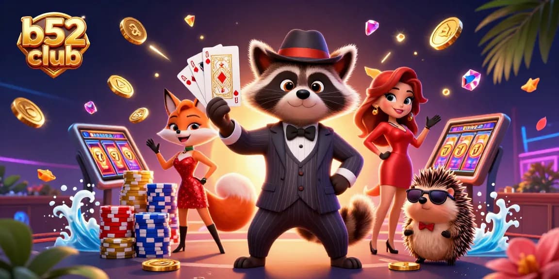 B52 Club showcases exciting gambling with a raccoon, fox, and hedgehog amidst dazzling casino elements.