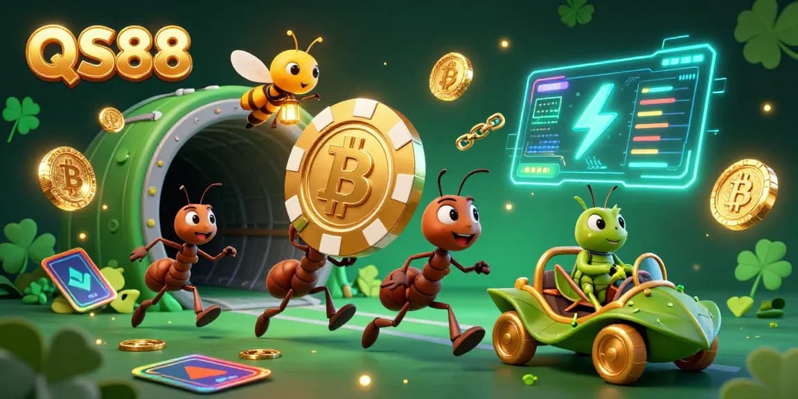 Engage with QS88's thrilling heist scene featuring cartoon ants and cryptocurrency elements packed with gambling energy.