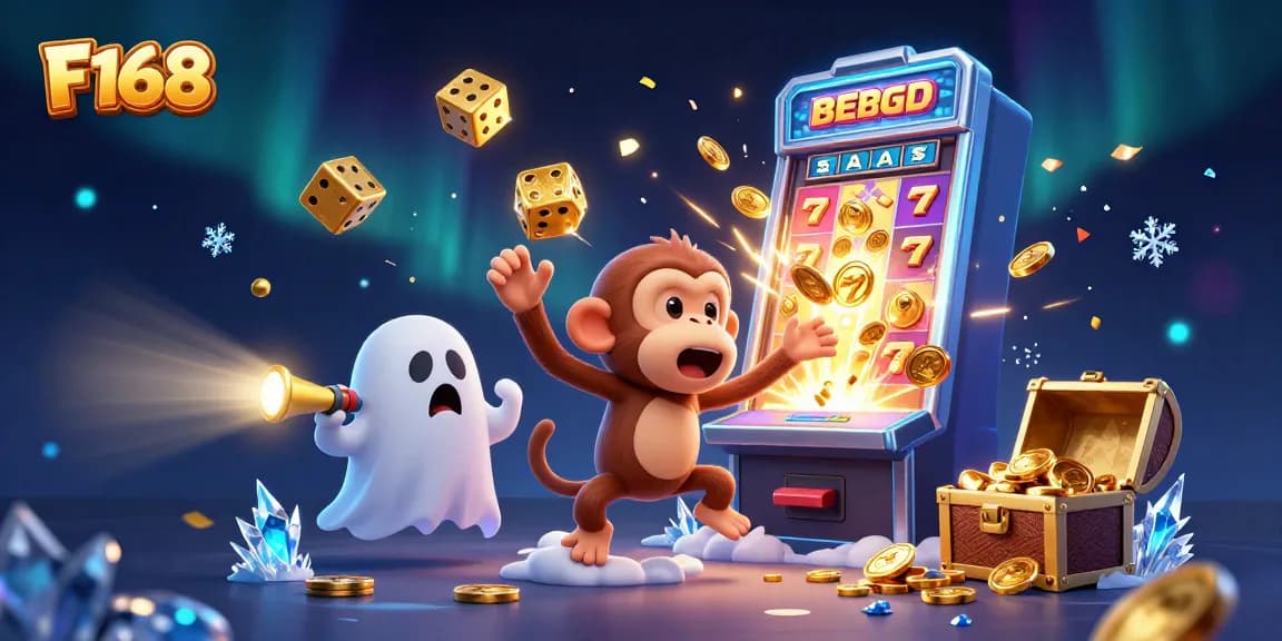 Win big at F168 with the mischievous monkey juggling coins in a dynamic casino scene.