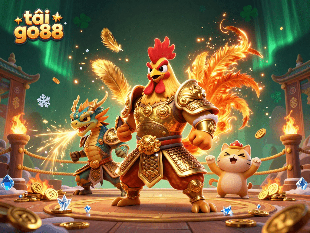 Engage with the thrilling scene of tải go88 featuring a fighting rooster and dragon in a dynamic casino atmosphere.