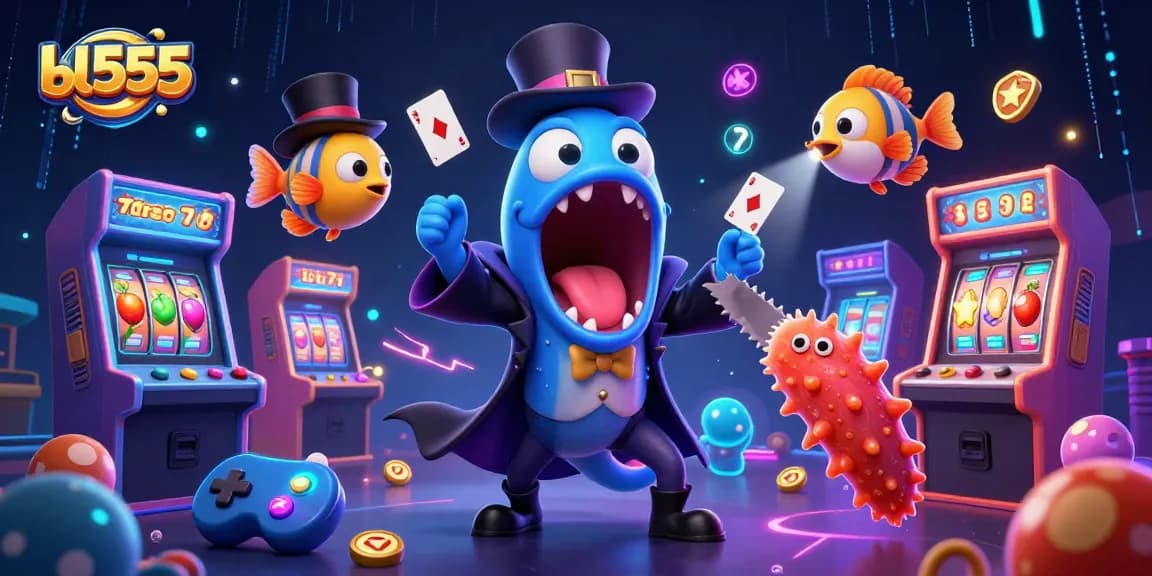 Experience the magic at bl555 with vibrant characters performing casino-style tricks amidst glowing arcade games.