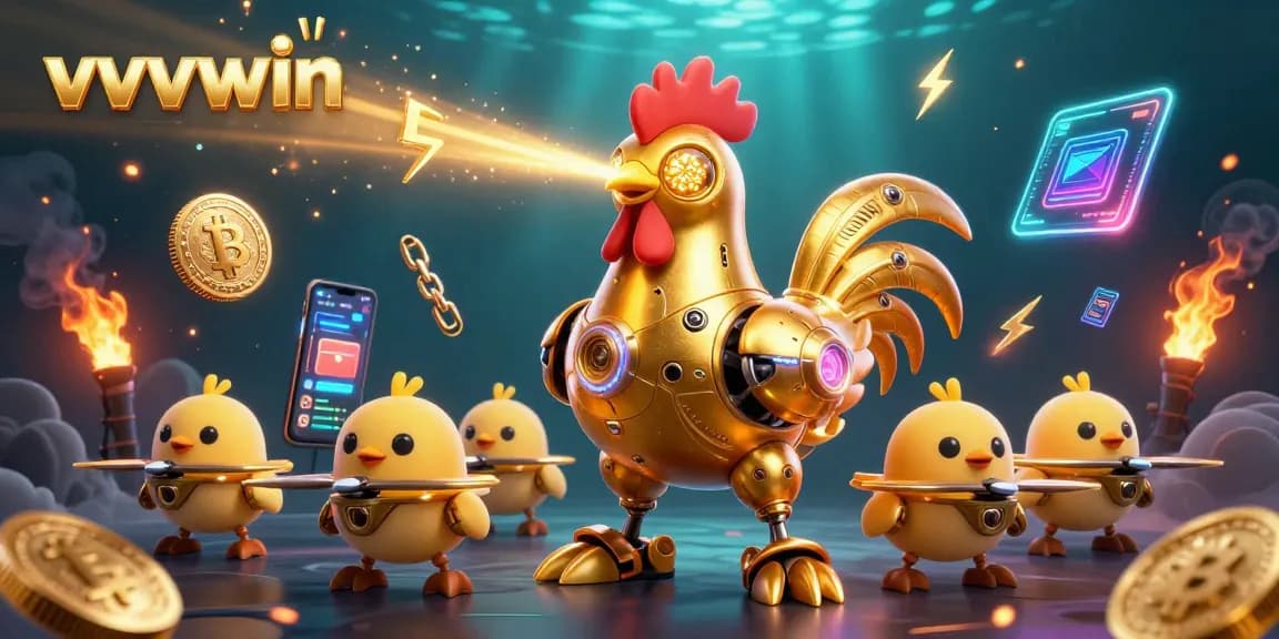 Join the excitement at vvvwin with retro-futuristic robots and cryptocurrency elements in this vibrant casino scene.