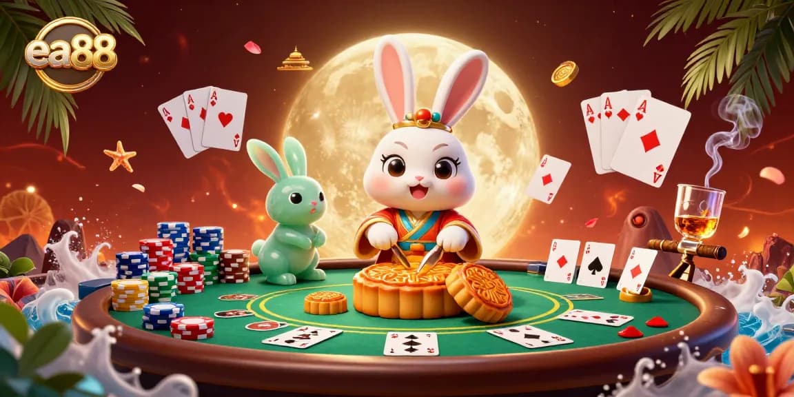 ea88 features a whimsical moon rabbit revealing poker chips, showcasing vibrant casino elements