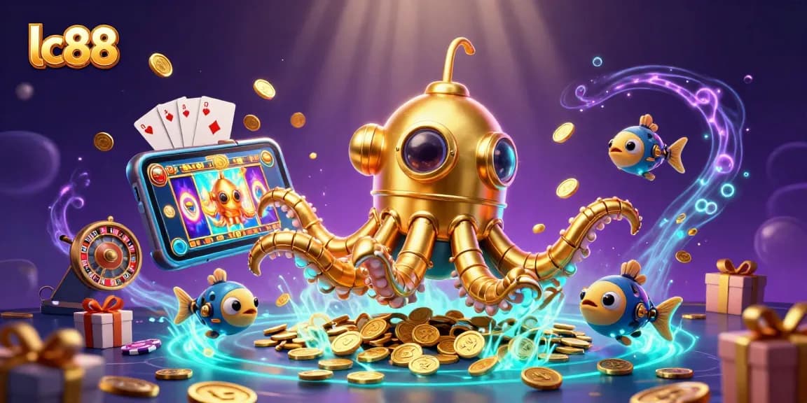Experience gaming excitement at lc88 with a golden kraken amidst lush casino elements.