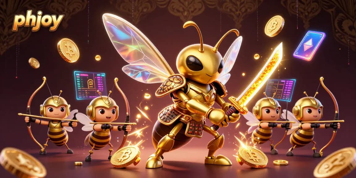 Experience the thrill of gaming with phjoy's vibrant 3D illustration featuring unique characters and cryptocurrency elements.