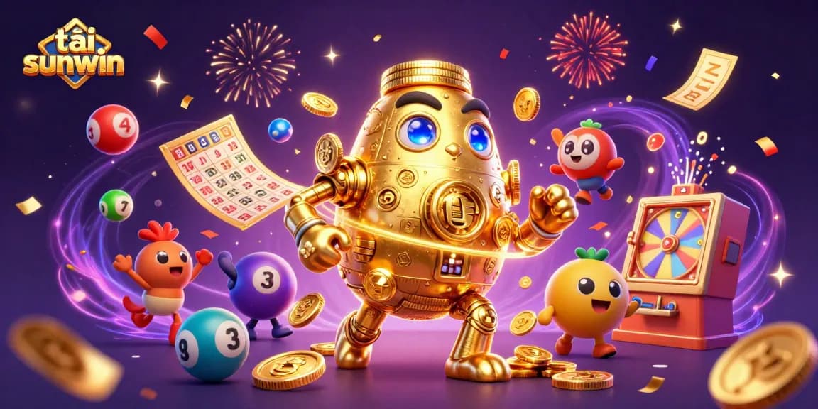 Engage with tải sunwin in this dynamic 3D illustration featuring vibrant lottery elements and a golden golem.