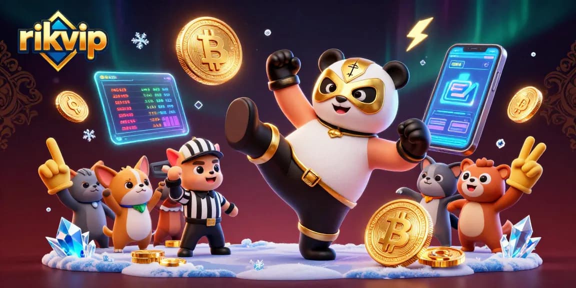 Engage with rikvip in this action-packed scene featuring a wrestling panda amidst crypto elements.