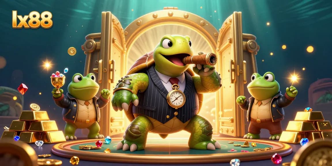 Experience the thrill of casino games with lx88 featuring a vibrant turtle and frog enforcers.