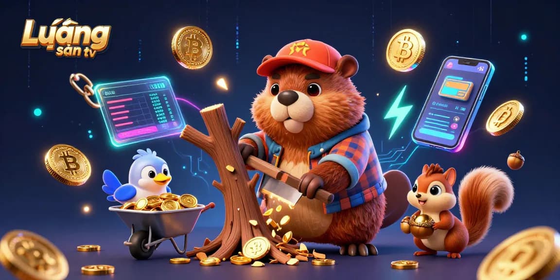 Lương sơn tv showcases a lively scene with characters interacting around digital gaming elements and crypto coins.