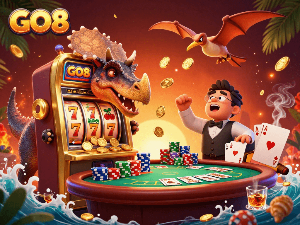 GO8 slots jackpot scene featuring a pachycephalosaurus, ankylosaur manager, and pteranodon amidst casino action.