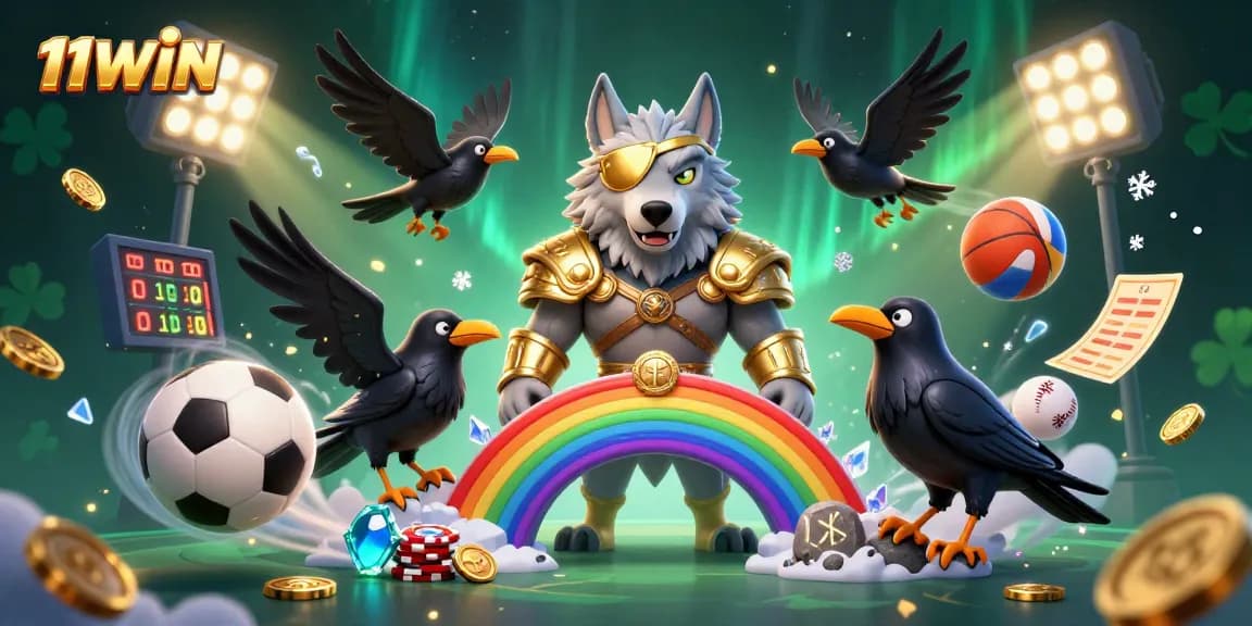 Engage with the vibrant scene of 11WIN showcasing Norse mythology characters amidst sports elements and casino visuals.
