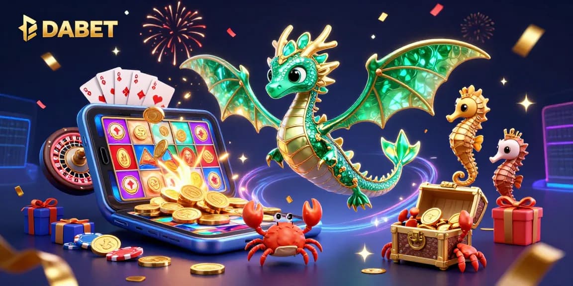 DABET enhances the gaming experience with vibrant 3D casino elements and characters celebrating wins.