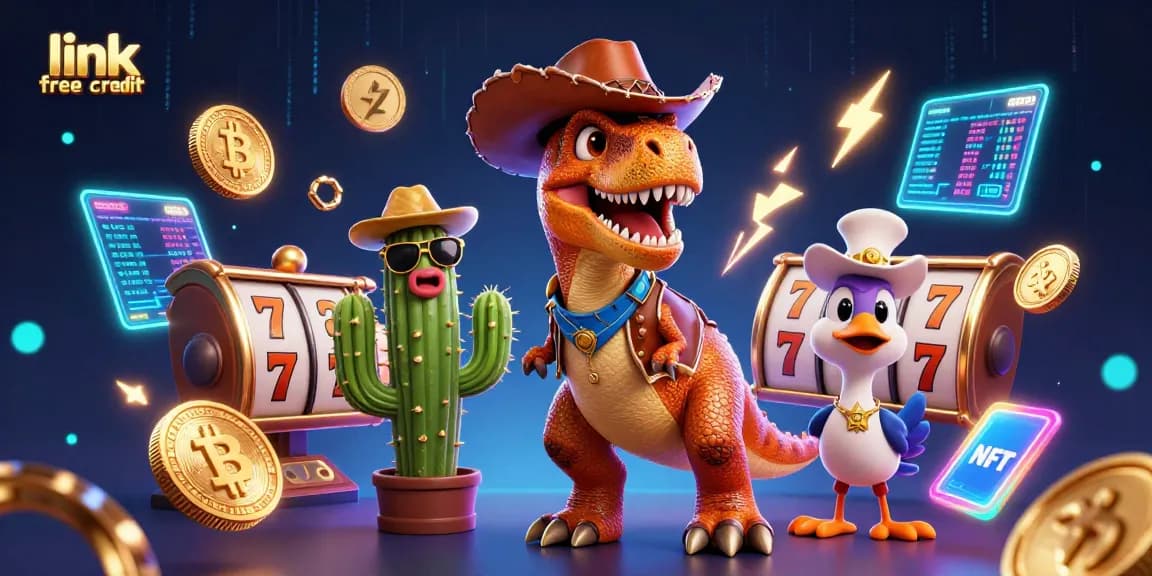 Engage with link free credit bonuses in this vibrant 3D casino illustration with dynamic game elements.