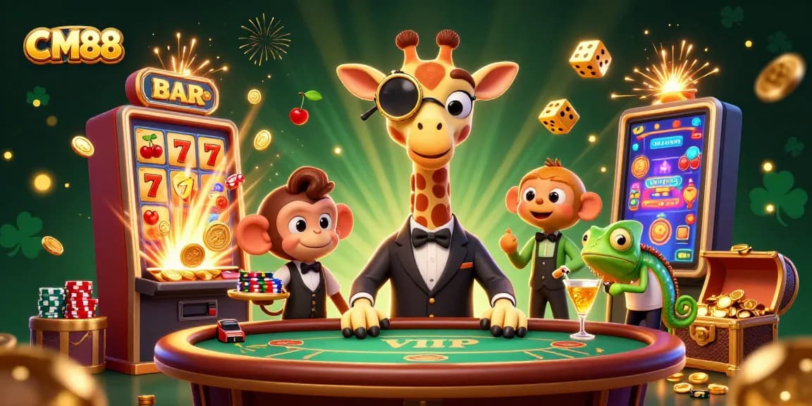 Enjoy the thrilling action at CM88 with high-roller giraffe, monkey valet, and chameleon bartender amidst vibrant casino elements.