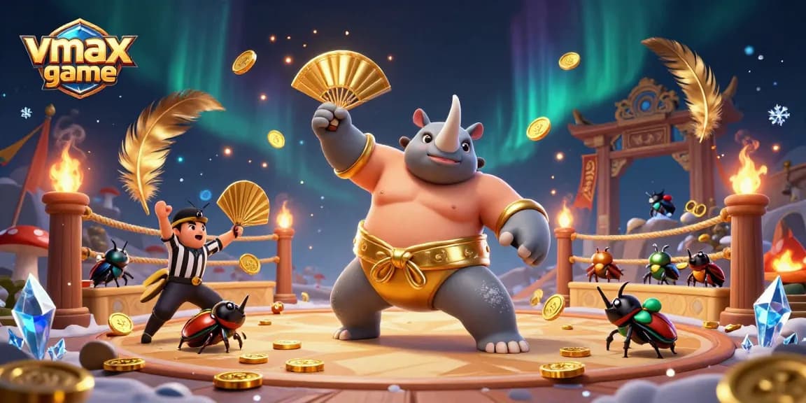 Betting on vmax game with a cartoon rhinoceros beetle champion driving coins into the air.