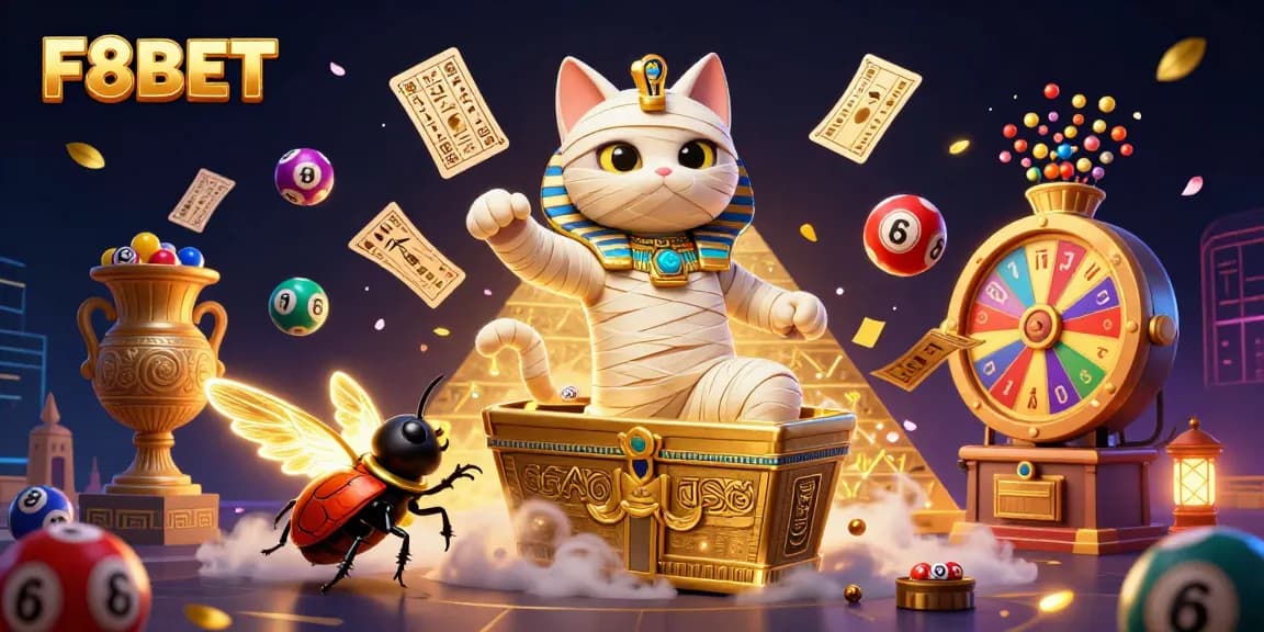 Win big with exciting F8BET games in a dynamic pyramid casino scene featuring unique characters.