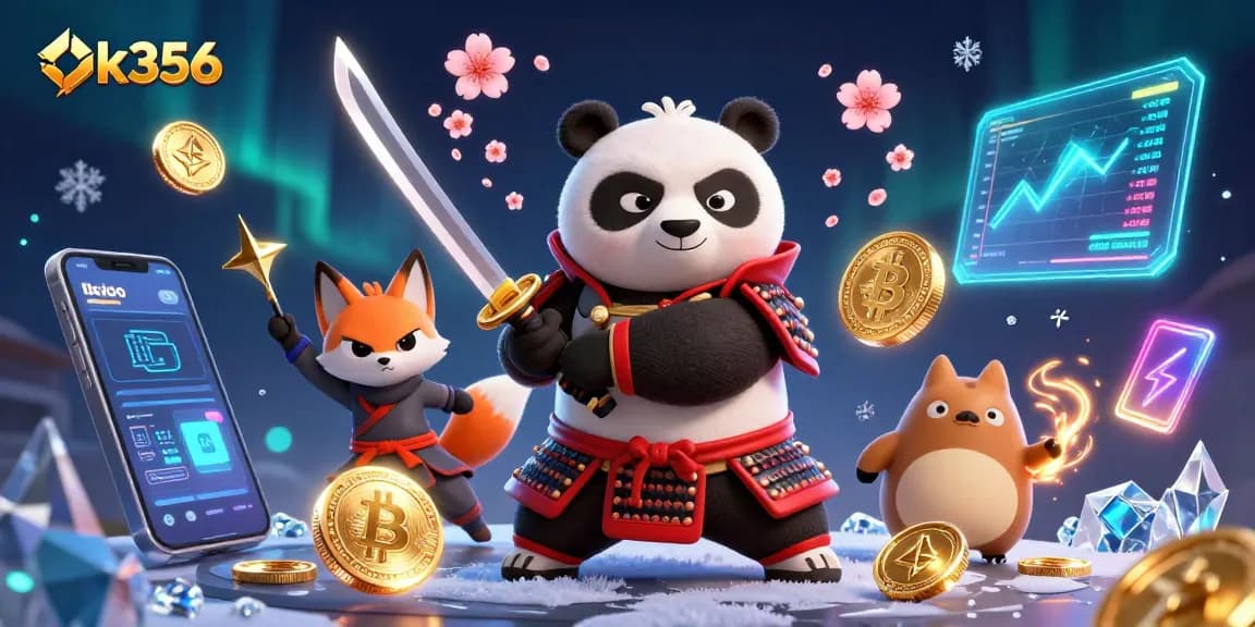 Engage in thrilling gaming with ok356 in this vibrant 3D casino scene featuring dynamic characters and crypto elements.