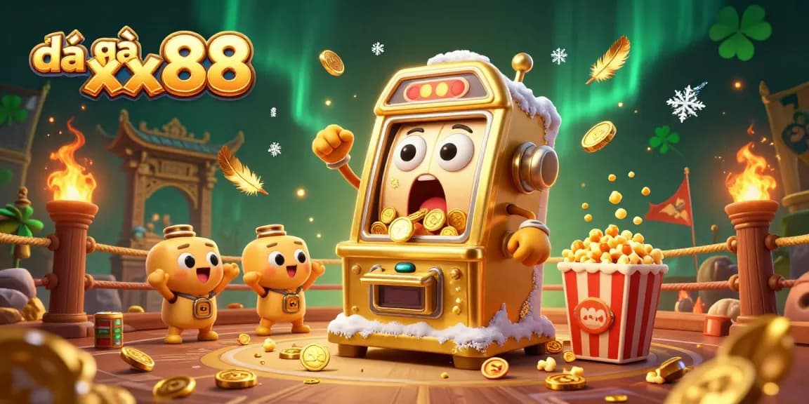 Experience thrilling moments with đá gà xx88 in a dynamic arena as coins pour from a surprised slot machine.