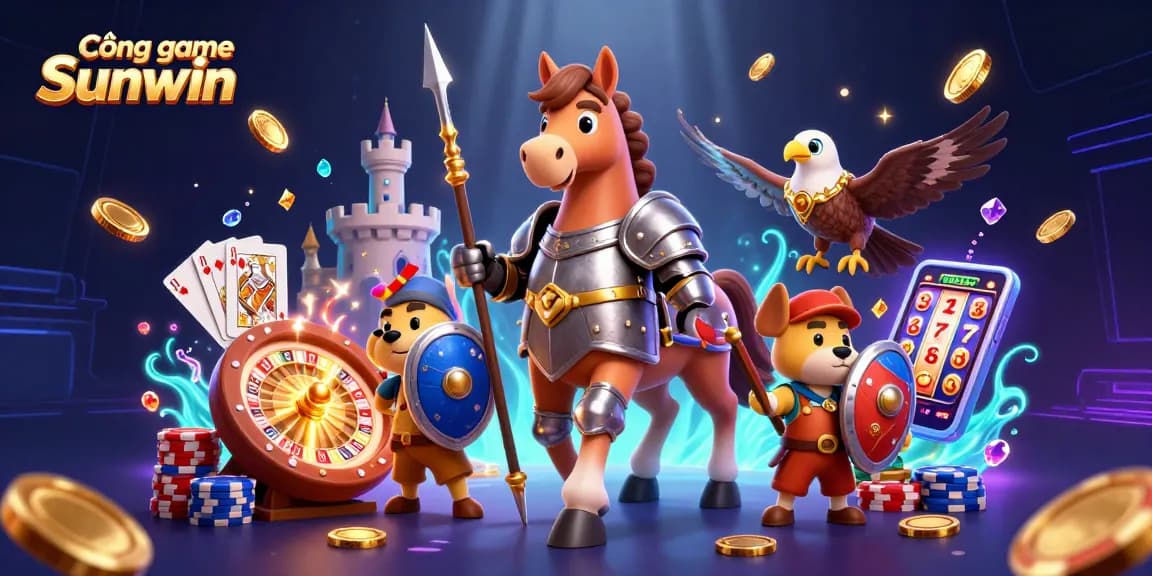 Cổng game Sunwin showcases an exciting illustration of a knight, puppy, and falcon amid casino elements.