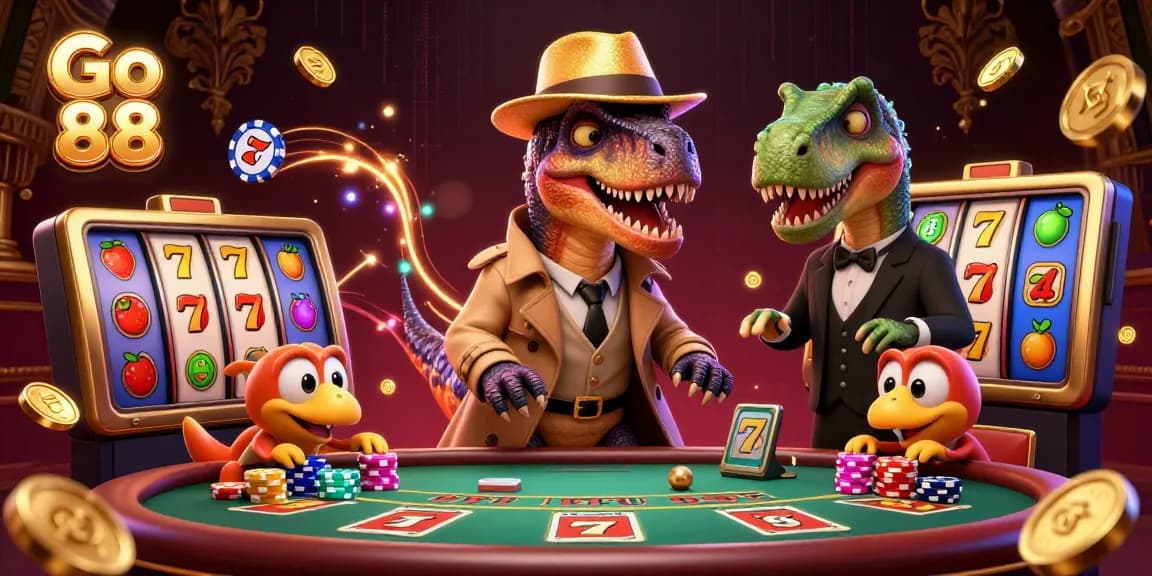 Engage with Go 88 at this vibrant 3D casino scene featuring animated characters and dynamic game elements.