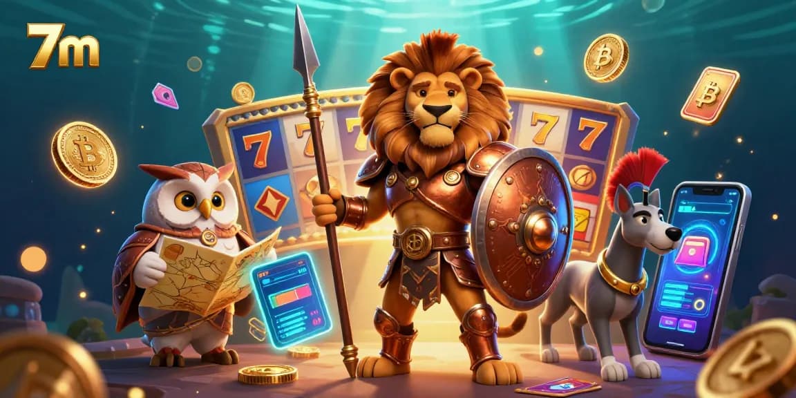 Join the thrilling action with 7m at a vibrant casino scene featuring slot reels and golden coins.