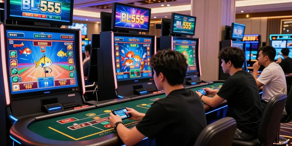 Engaged players at BL555 enjoying online gambling games in a modern, vibrant casino atmosphere.