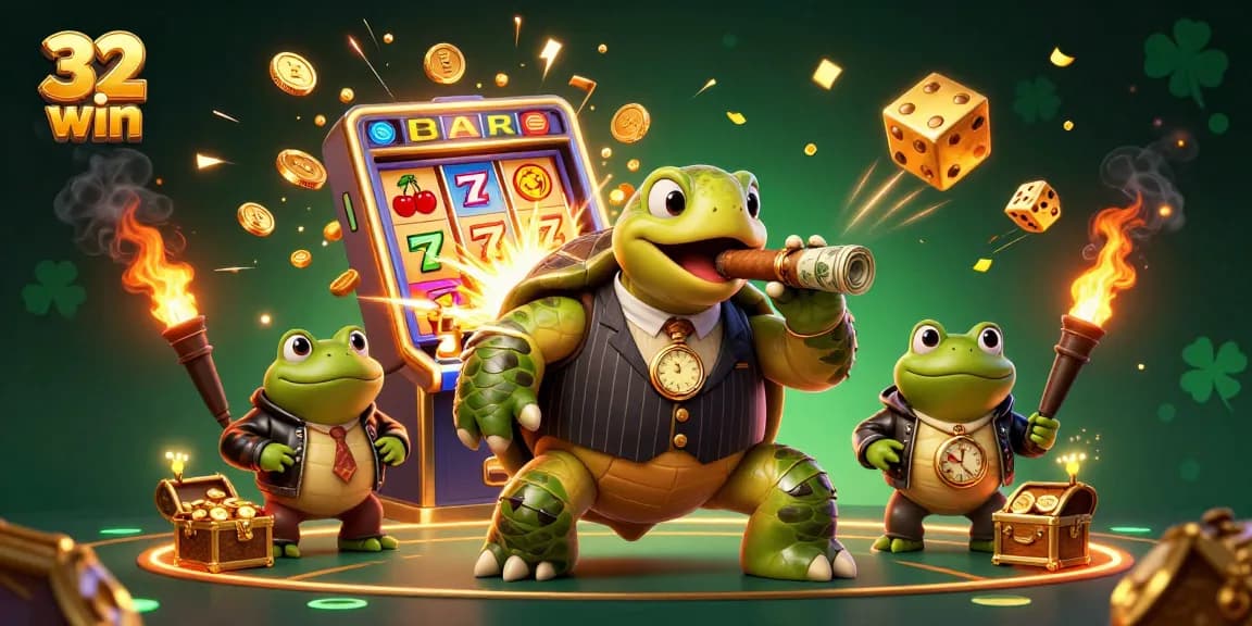 Experience the thrilling 32 win gaming excitement with a vibrant casino scene featuring cartoon characters and slot machine action.