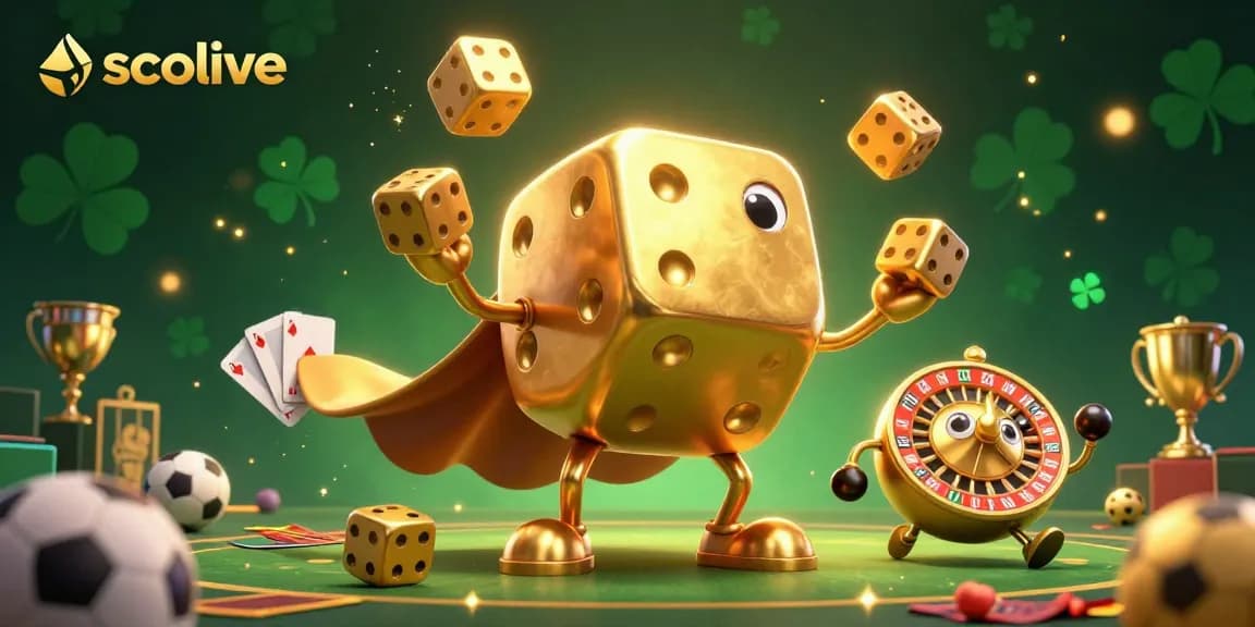 Socolive showcases a lively sports betting scene with vibrant golden dice, stadium elements, and dynamic sports action.