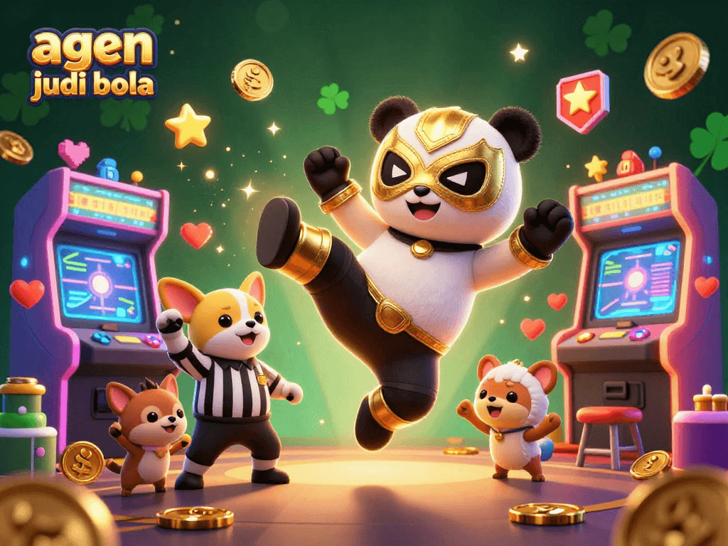 Experience agen judi bola excitement with a dynamic scene of panda wrestling and casino elements.