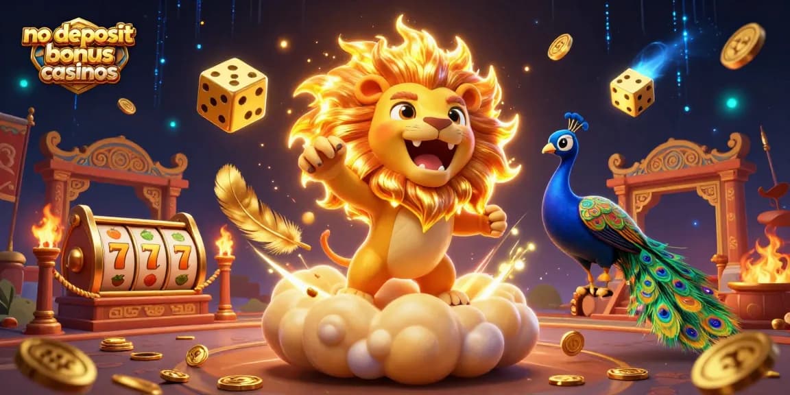 No deposit bonus casinos illustrated with a roaring lion, golden dice, and vivid slot elements.