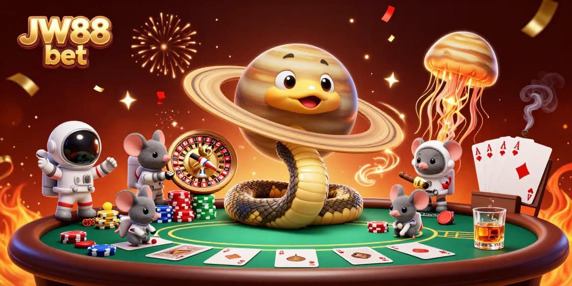 Experience excitement with JW88 bet in this dynamic casino scene featuring whimsical characters and vibrant gaming elements.