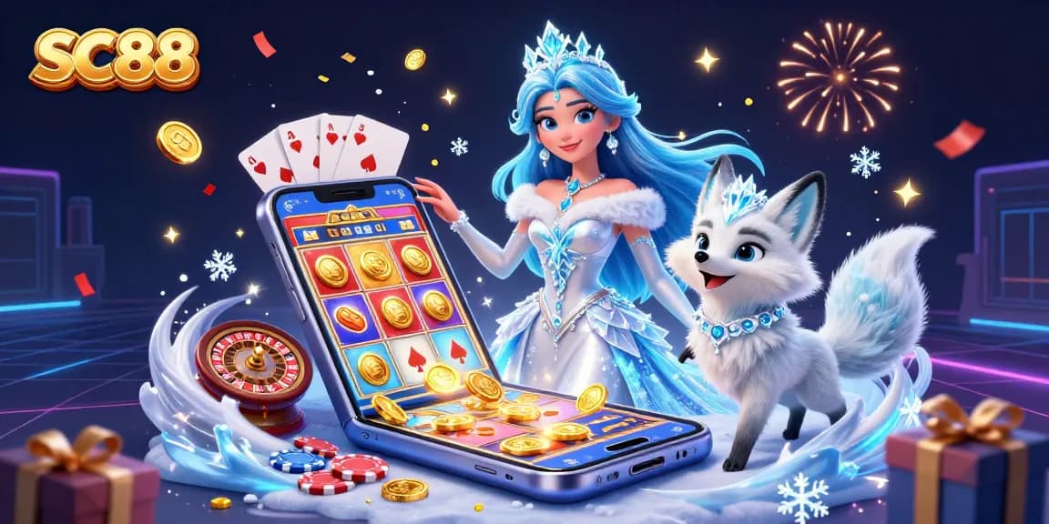 Join the excitement at SC88 with a stunning woman and arctic fox, celebrating casino wins with slot games.