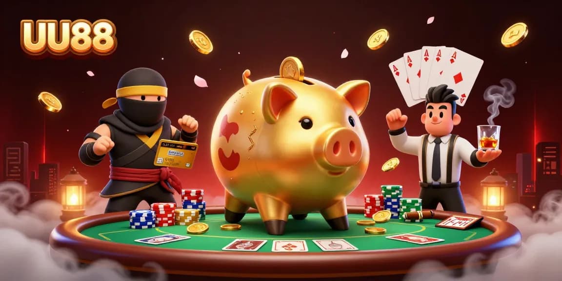 Engage in thrilling poker action with UU88 at an ultra-detailed gaming illustration featuring dynamic characters.