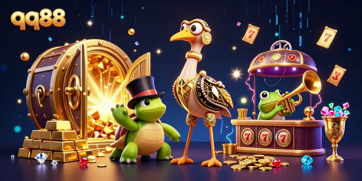 Experience the excitement of qq88 casino with vibrant 3D elements and characters in a dynamic online gambling scene.