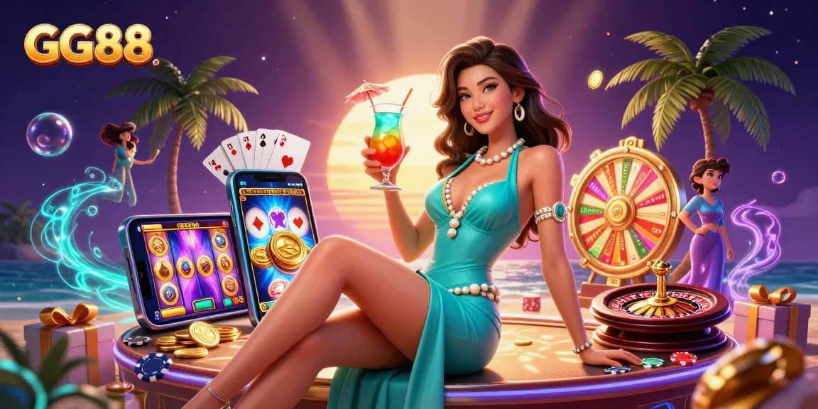 Experience thrilling slots at GG88 with a glamorous Asian woman enjoying a tropical casino atmosphere.