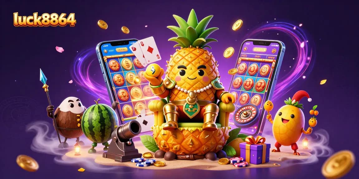 Win big at luck8864 with the golden pineapple king and vibrant casino elements!