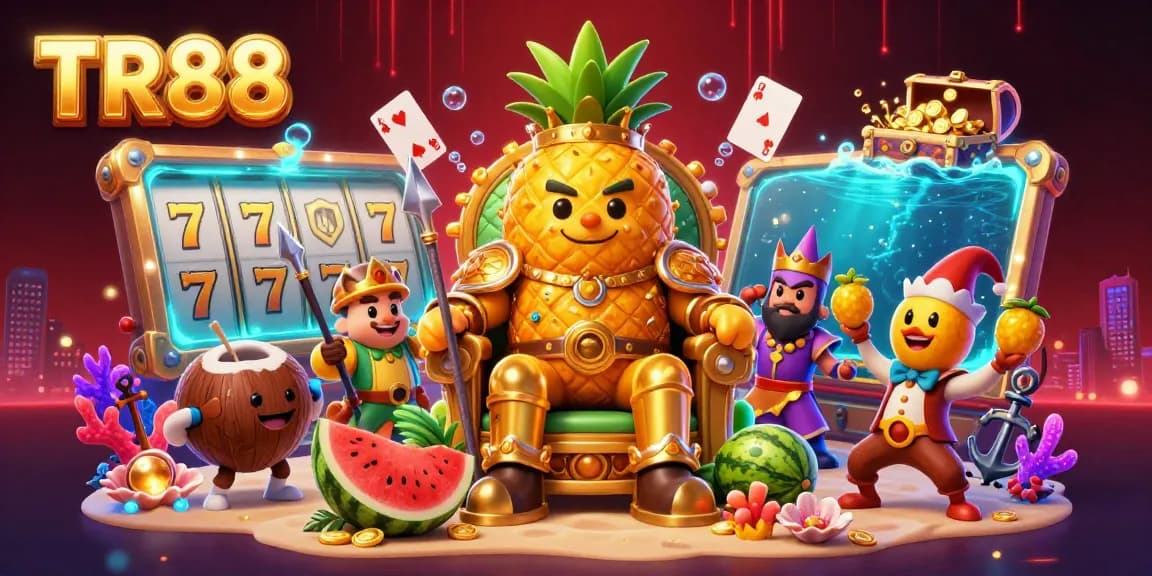 Experience the vibrant TR88 casino scene with a pineapple king, colorful game elements, and rich detail.