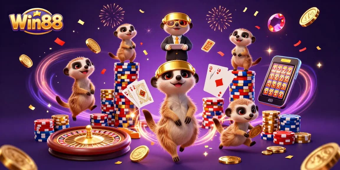Experience the excitement of Win88 with lively meerkats managing a vibrant casino scene full of action.