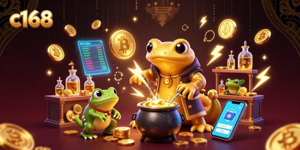 Experience c168's thrilling casino allure with a vibrant alchemist scene overflowing with golden coins and crypto surprises.