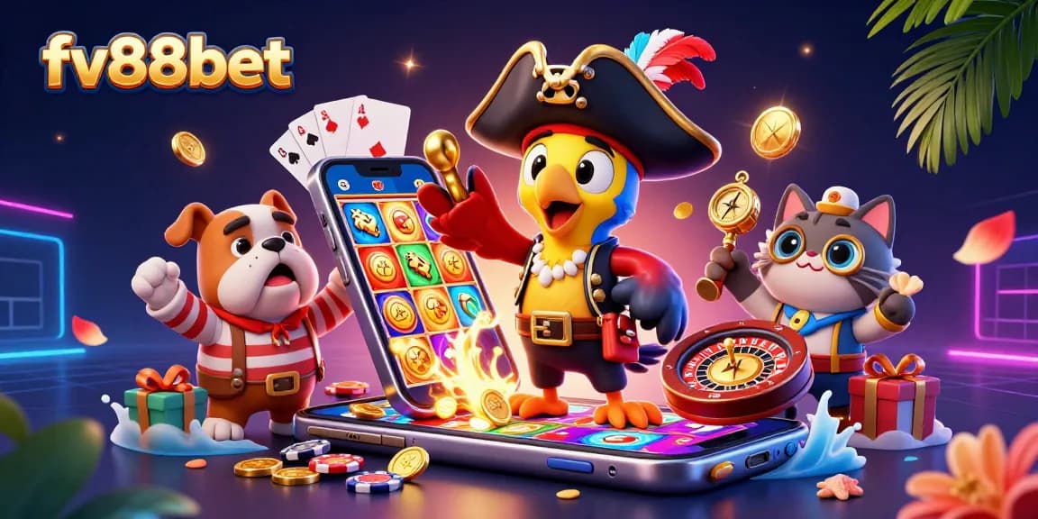 Experience the thrill of fv88bet with a lively 3D casino scene involving a pirate captain and vibrant gaming elements.