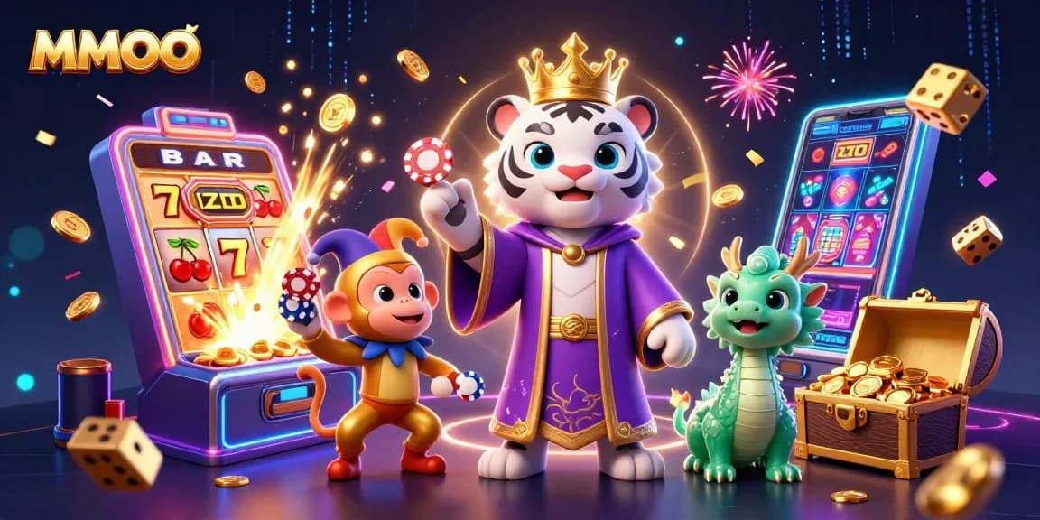 Engage with MMOO as the vibrant casino scene unfolds with a majestic tiger and lucky charms!