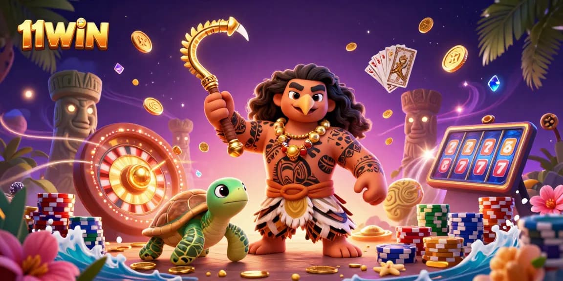 Experience thrilling wins with 11WIN, featuring vibrant casino elements and Polynesian characters.