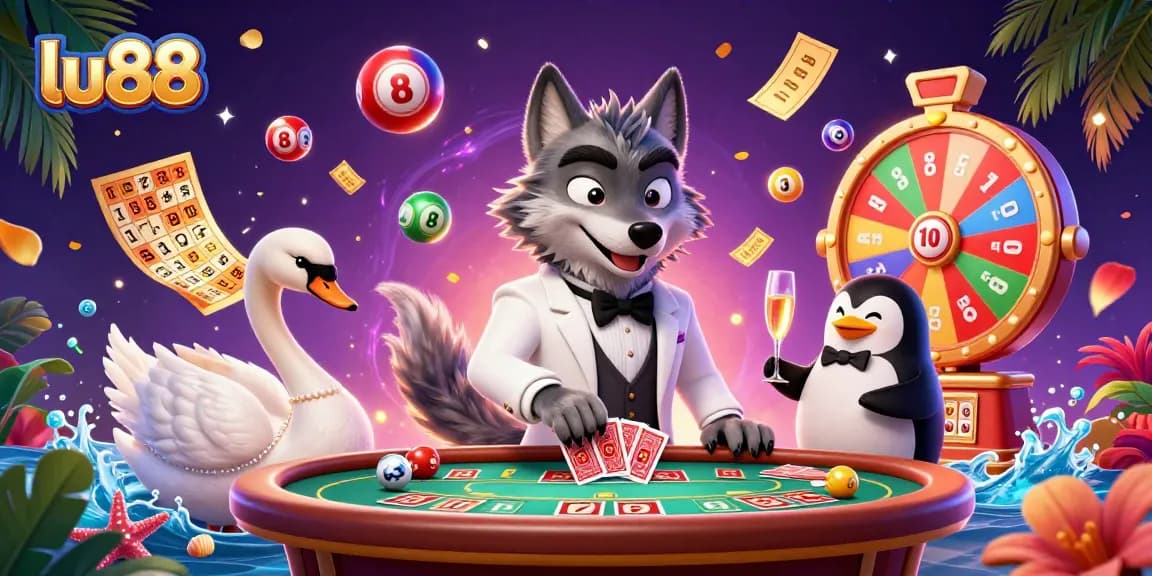 Experience the fun at lu88 with vibrant games, featuring a sophisticated wolf, swan dealer, and penguin sommelier.