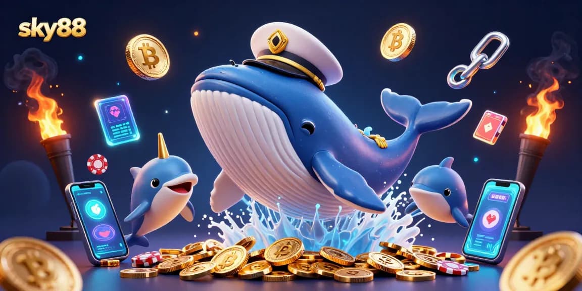 Engage with sky88's captivating 3D illustration showcasing crypto coins and playful gaming characters.