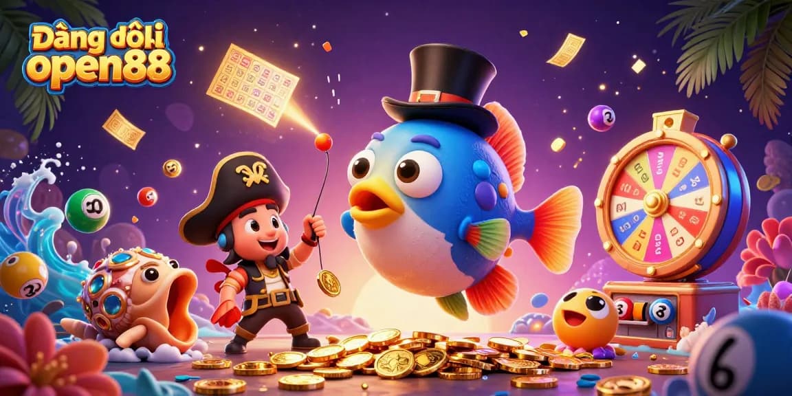 Engage with the thrilling world of Đăng ký open88, featuring cartoon deep-sea characters and dynamic gambling elements.