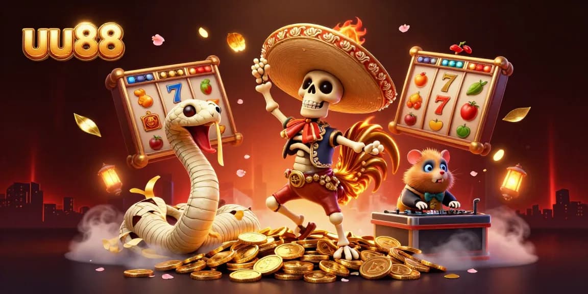 uu88 players action on slots with vibrant characters celebrating wins and golden treasures