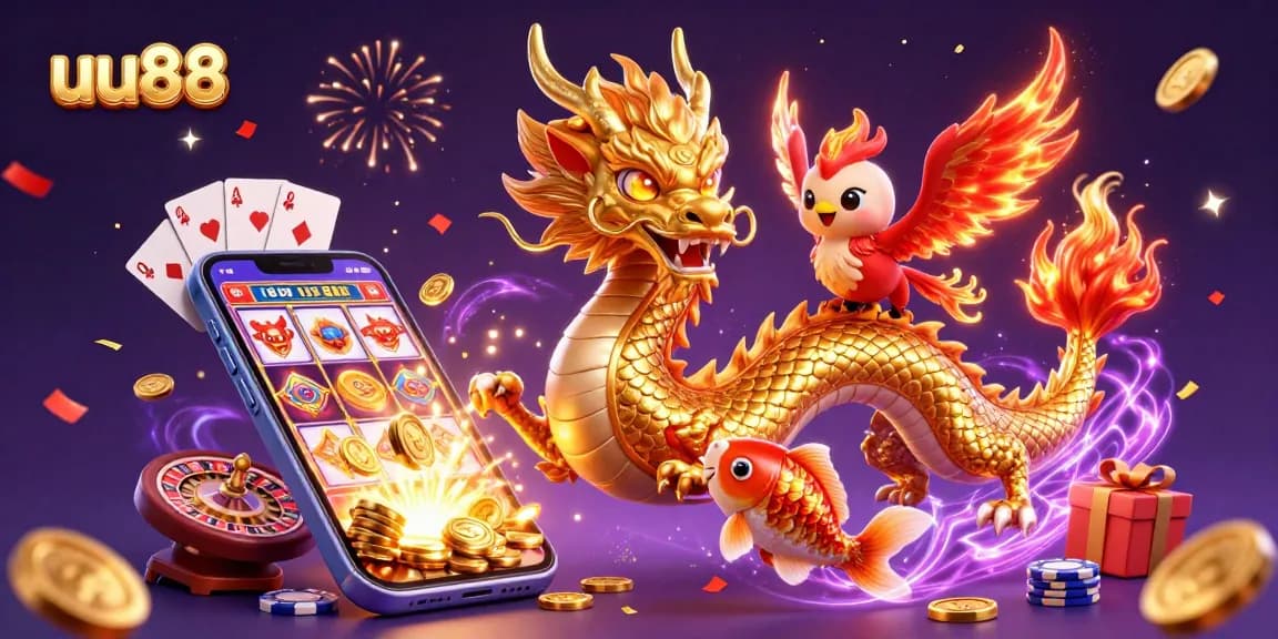 Experience thrilling action at uu88 with a fierce dragon, playful phoenix, and koi fish winning coins!