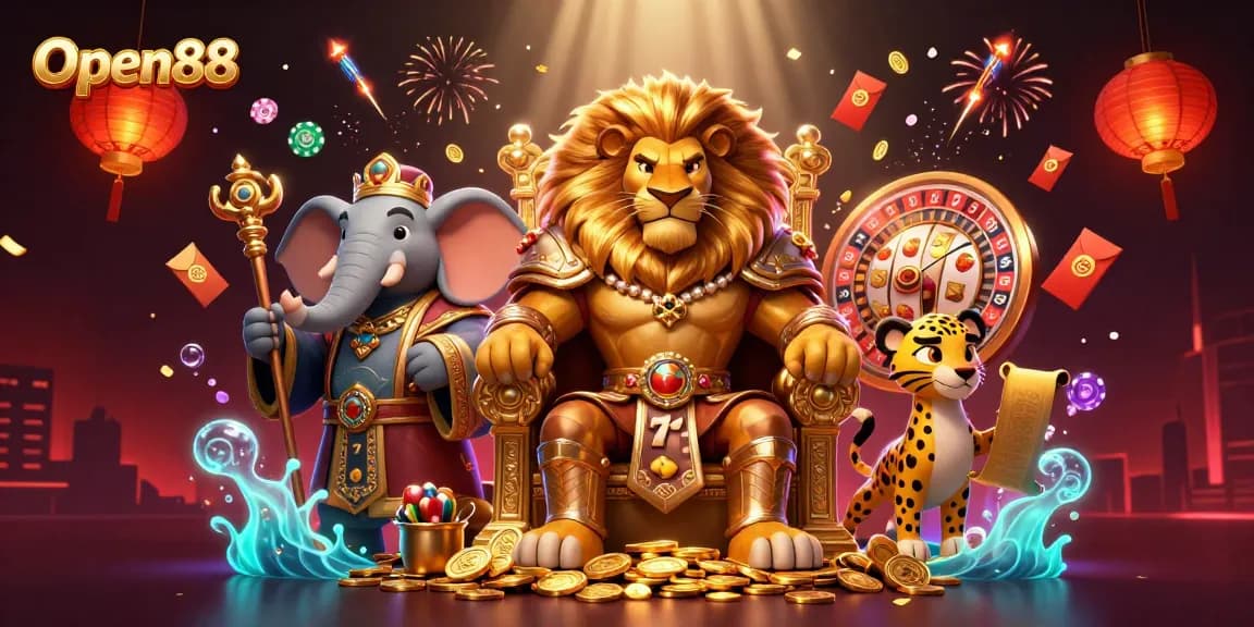 Experience the thrill of gaming at Open88 with a vibrant 3D illustration featuring a lion king and casino elements.